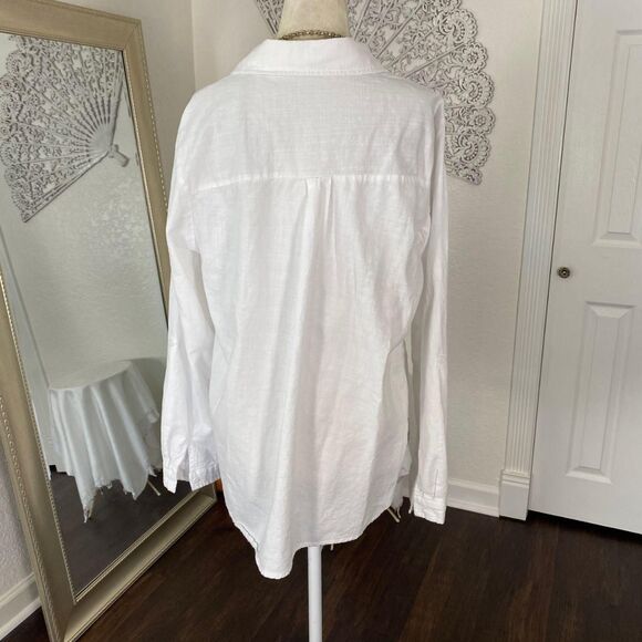 Preppy Boho White Cotton Button Up Long Sleeve Oversized Blouse Top L - Picture 7 of 7